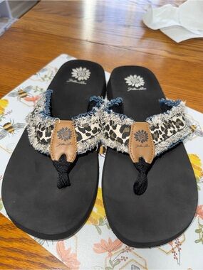 Yellow Box Black Flip Flop Sandals with Leopard Print Straps